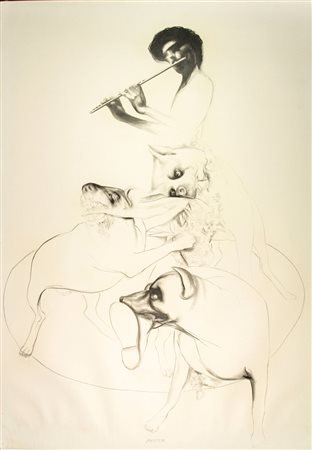 Piero Tredici (1928-2011). Suonatore di flauto (Orfeo). 1976. Carboncino mm....