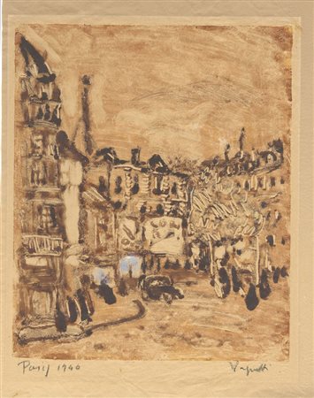 Gianni Vagnetti (1897-1956). Scorcio di Parigi. 1946. Monotipo a colori. mm...