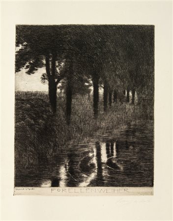 Franz Von Stuck (1863-1928). Forellenwehier. 1890. Acquaforte. mm 280x230....