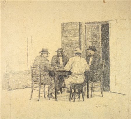 Alberto Zampieri (1903-1992). Intorno al tavolo. 1925. Carboncino su cartone....