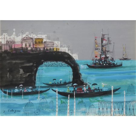 Jean Calogero (Catania 1922-Acicastello 2001)  - Paesaggio con gondole