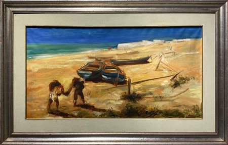 Ugo Attardi (Genova 1923-Roma 2006)  - Paesaggio con barche