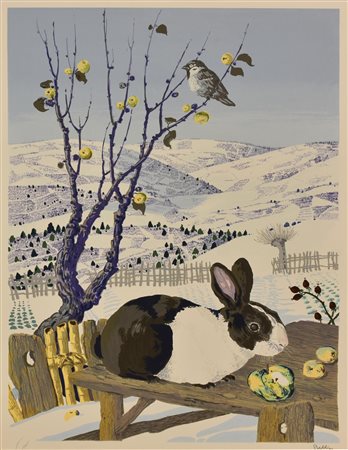 Enzo Bellini IL CONIGLIO E IL PASSERO serigrafia su carta, cm 70x50; es. P.A....
