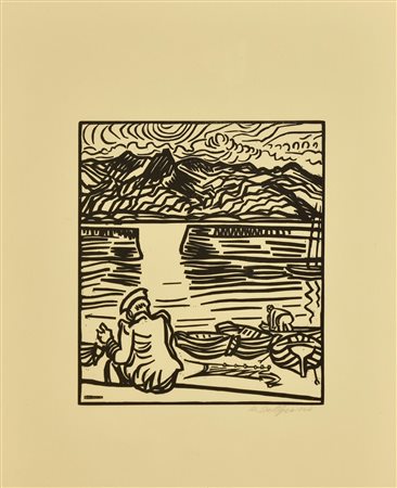 Amleto Del Grosso SCENA DI PORTO xilografia, cm 44x32 firma e firma in lastra