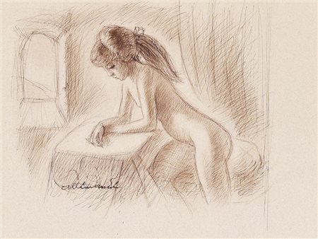 Enrico Allimandi BIMBA APPOGGIATA AL TAVOLO china su carta, cm 24x32 firma...