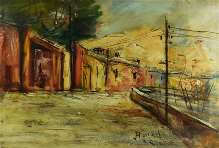 Piero Agnetti STRADA DI PAESE olio su tela, cm 50x70 firma sul retro: timbro...
