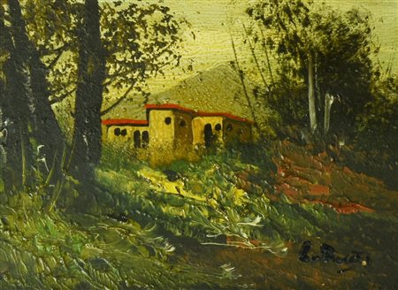 Luigi Rosati LA CASA NEL BOSCO olio su masonite, cm 12,5x17 firma