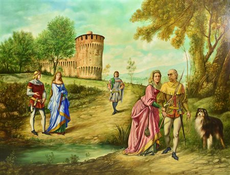 Sergio Alessandro Ughi GENTILI DAME E NOBILI CAVALIERI olio su tavola, cm...