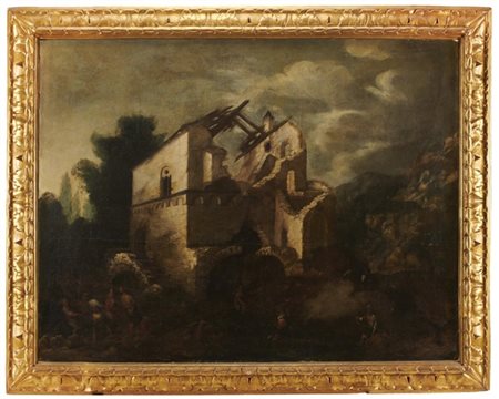 Antonio Travi "Paesaggio fluviale con mulino e figure"
olio su tela (cm 123x159)