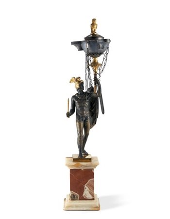 Lucerna in argento, bronzo brunito e dorato con sostegno a figura di Mercurio r