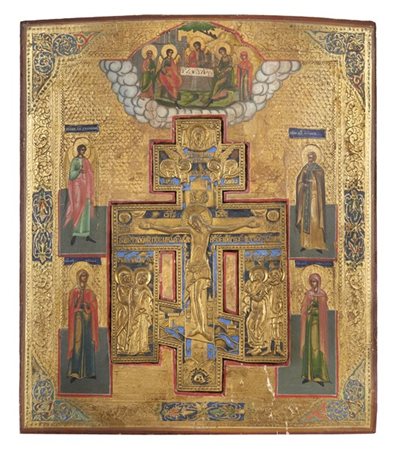 Arte russa, secolo XIX. Stauroteca con Crocifissione in bronzo e smalti policro