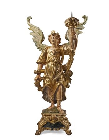 Arte del secolo XVII - XVIII. Angelo reggicero in legno intagliato, dipinto e d