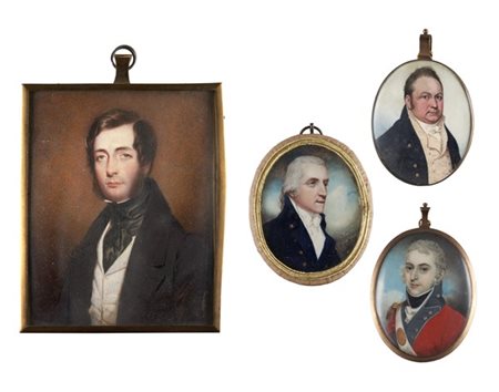 Arte del secolo XIX. Quattro diverse miniature su avorio raffiguranti gentiluom