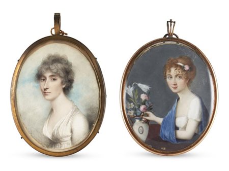 Arte del secolo XIX. Due diverse miniature su avorio raffiguranti gentildonne (