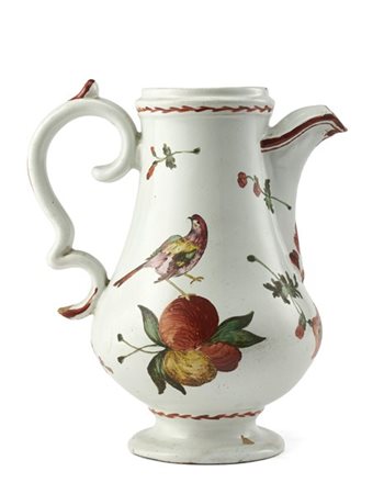 Manifattura di Gesualdo Fuina, Castelli, 1780 ca. Caffettiera in maiolica decor
