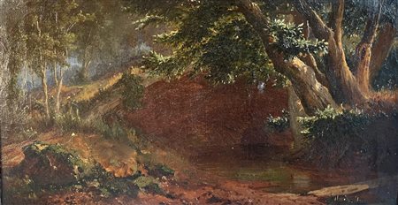Carlo Pittara (1836 - 1890) Paesaggio boschivo olio su tela 23 x 42 cm,...