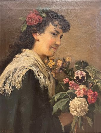 Vincenzo Migliaro (1858 - 1938) Fanciulla con fiori olio su tela 59 x 47 cm,...