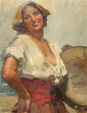 Cipriano Antonio Mannucci (1882 - 1970) Ritratto di popolana con tamburello...