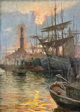 Lodovico Cavaleri (1867 - 1942) Veduta del Porto di Genova 1904 Olio su...