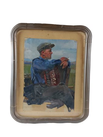 Ritratto maschile di suonatore di fisarmonica prima metà del XX secolo olio...