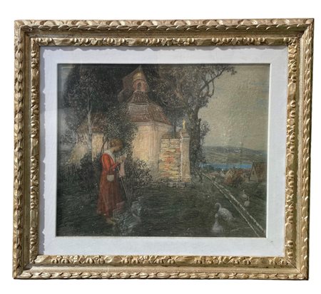Edouard Veith (1856 - 1925) Paesaggio con figure fine XIX secolo gessetti a...