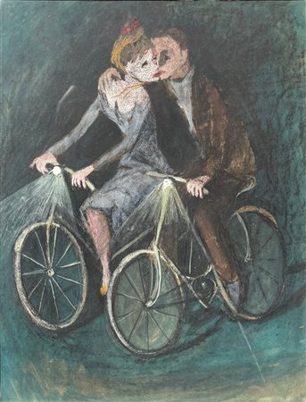 Rolf Regele (1899 - 1987) Coppia in bici 1923 pastello su carta applicata su...
