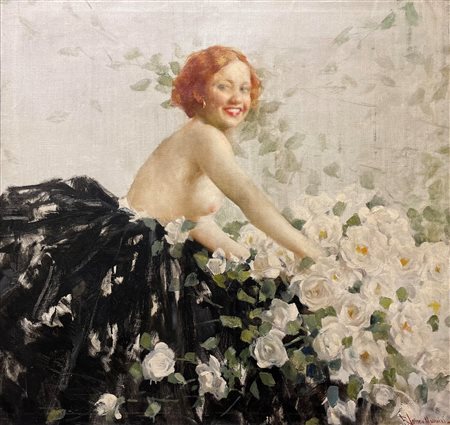 Francesco Longo Mancini (1880 - 1954) Ritratto Femminile olio su tela 97 x...