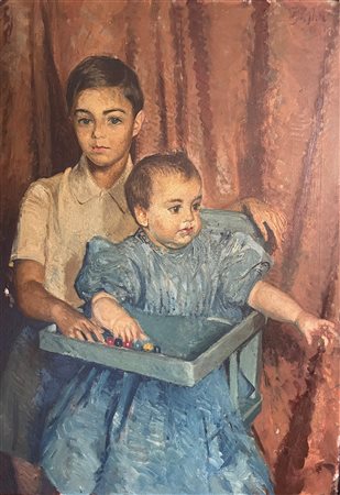 Paolo Ghiglia ( - ) Ritratto di giovane fanciullo con infante 1941 olio su...