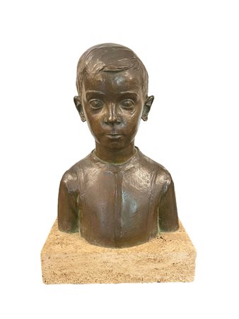 Alfio Castelli (1917 - 1992) Mezzobusto di fanciullo bronzo e travertino 51 x...