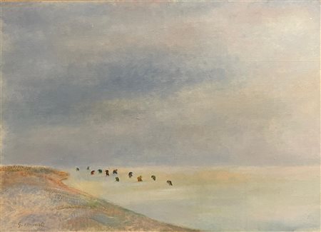 Giovanni Omiccioli (1901 - 1975) Pescatori di cannelli 1965 ca. olio su...