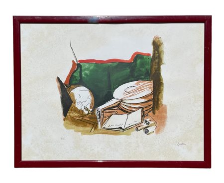 Renato Guttuso (1911 - 1987) Natura morta con strumenti Litografia a colori...