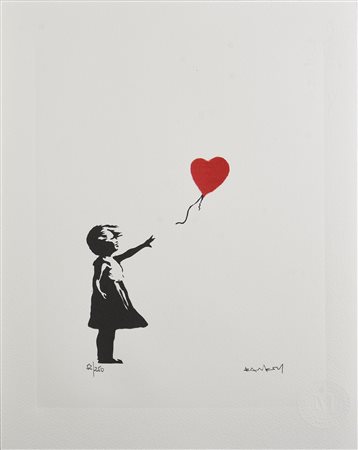 Da Banksy GIRL WITH RED BALLOON eliografia su carta Arches, cm 38,5x28,5; es....