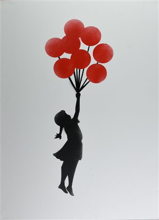 Banksy FLYING BALLOON GIRL spray stencil su tela, cm 70x50x4; es. 11/50 firma...