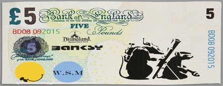 Banksy DISMAL 5 POUND serigrafia su tela, cm 9x18 timbro "Dismaland...