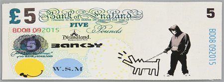 Banksy DISMAL 5 POUND serigrafia su tela, cm 9x18 timbro "Dismaland...