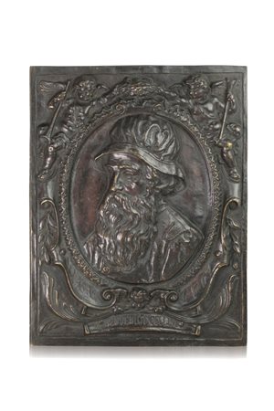  
Placca raffigurante Benvenuto Cellini Manifattura italiana  XIX secolo 
Bronzo patinato nero  37x29x3 cm