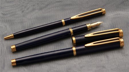 Waterman Gentleman stilografica + penna a sfera + matita - lacca blu e...