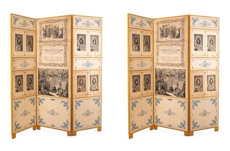  Coppia di paraventi a tre ante in legno dipinto