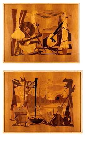  Coppia di tarsie lignee, 1950 circa