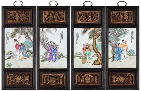  Quattro pannelli in legno intagliato con placche porcellana, Cina, fine dinastia Qing