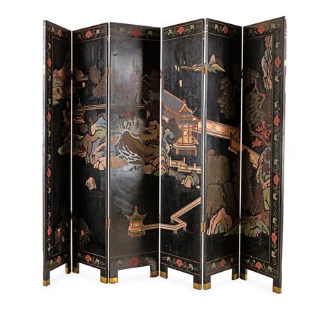  Paravento a sei ante in legno laccato nero, Giappone, inizi del XX secolo