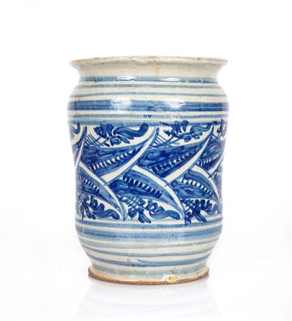  Antico albarello in maiolica bianca e blu
