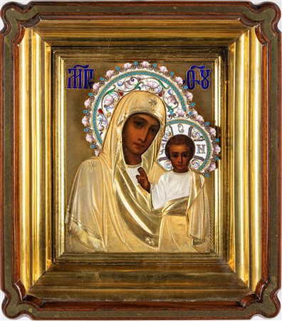  Icona con ritza in argento dorato e smalti, Russia, prima metà del XX secolo