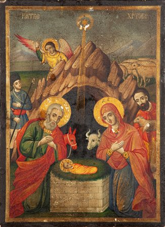 Scuola russa del XIX secolo Icona raffigurante Natività con angeli