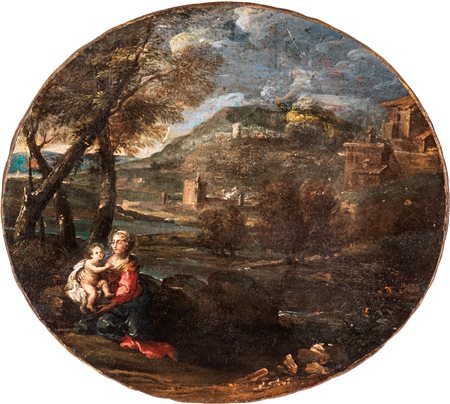 Domenico Zampieri detto Domenichino (attribuito a) Paesaggio con donna e bambino