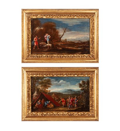 Scuola Fiamminga del XVII secolo a) Paesaggio con San Giovanni Battista  b) Paesaggio con accampamento militare
