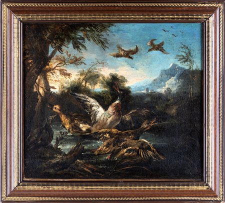 Angelo Maria Crivelli detto il Crivellone (attribuito a) Paesaggio con volatili