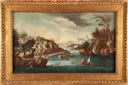 Scuola italiana del XVII secolo Porto di una città fortificata