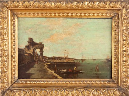 Francesco Guardi (scuola di) Laguna con gondole e capriccio architettonico