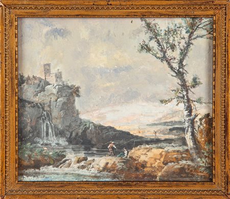 Scuola Romana del XVIII secolo Paesaggio fluviale con pescatori